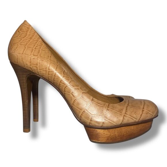 Tory Burch Women Tan Brown Croc Embossed Leather Platform Pumps Heels Size 8 M - Picture 7 of 16